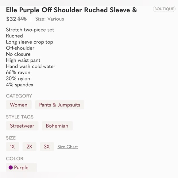 Elle Purple Off Shoulder Ruched Sleeve & Pant Set 💜 - Picture 5 of 5